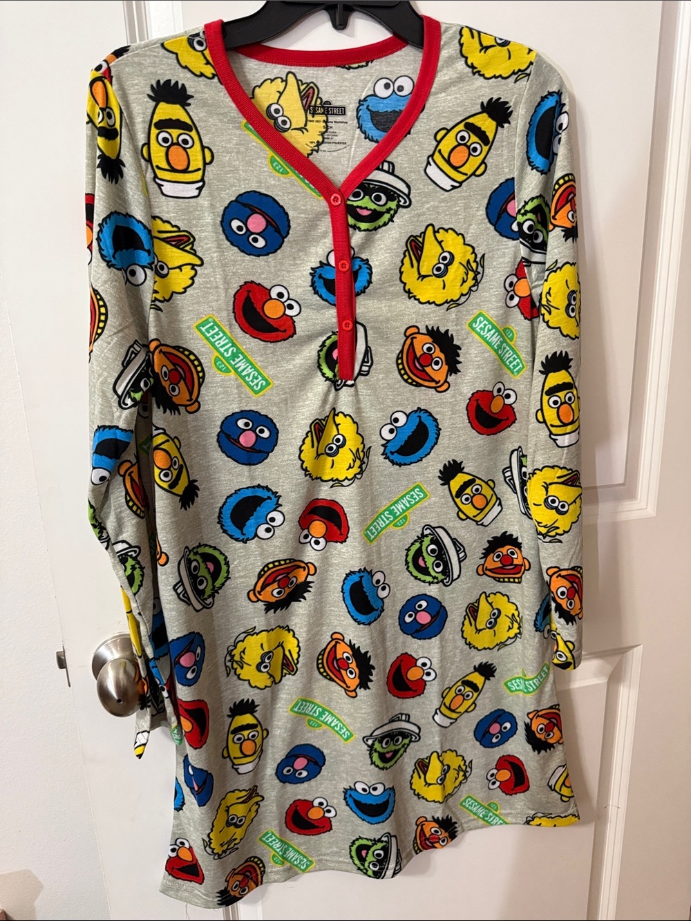 Sesame Street Gray Nightgown with Red Trim and Colorful Character Faces